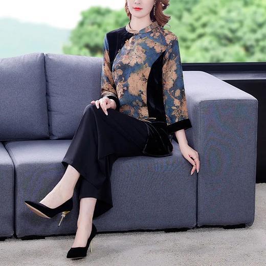 FE266 重磅香云纱套装妈妈两件套气质上衣真丝绒直筒裤秋 商品图4