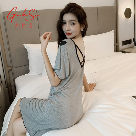 古拉苏5XL大码莫代尔睡裙性感露背裙夏季短袖宽松胖mm孕妇家居服 商品图0