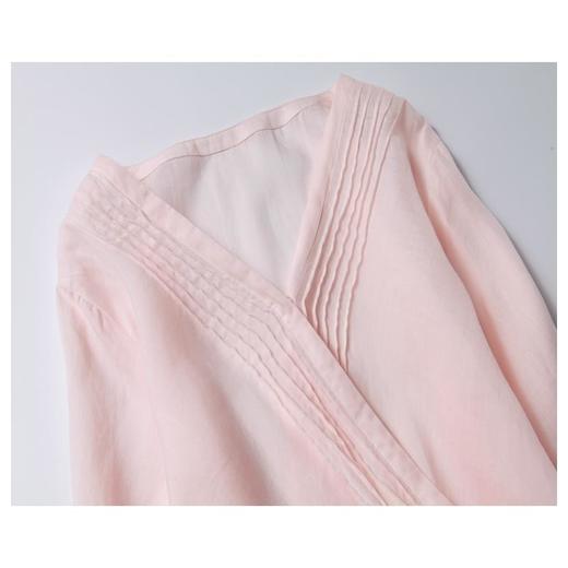 夏季仿苎麻宽松文艺V领七分袖大摆裙高腰显瘦系带纯色中长裙 商品图1