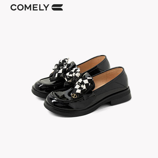 康莉2022年春季新款复古圆头棋盘格蝴蝶结韩系jk小皮鞋KYM21125 商品图3