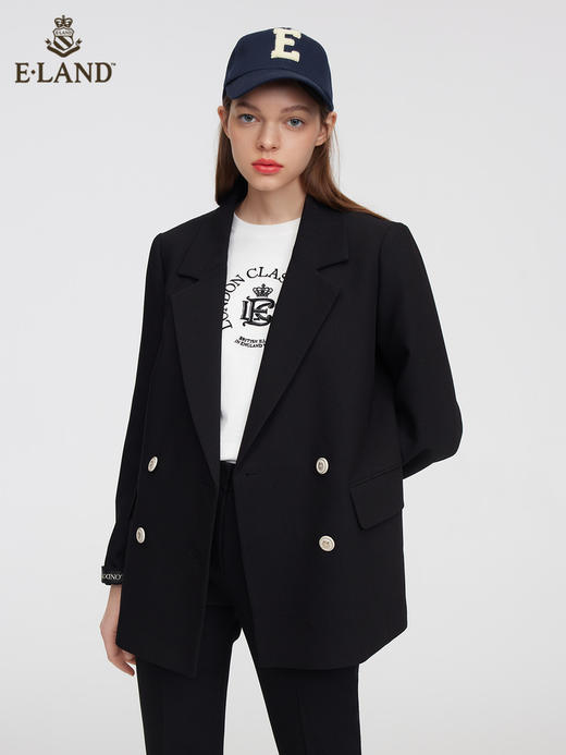 ELAND衣恋2022年春季新款简约设计感黑色双排扣西装领小西装女EEJKC12H1M 商品图0