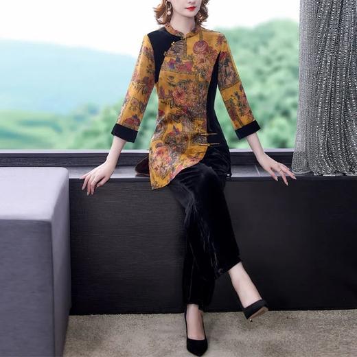 FE266 重磅香云纱套装妈妈两件套气质上衣真丝绒直筒裤秋 商品图2