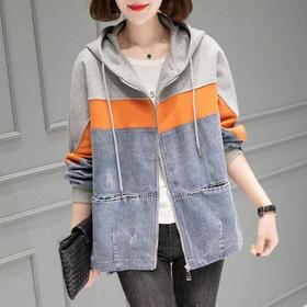 TZW-牛仔外套女宽松短款连帽卫衣拼接假两件洋气上衣潮