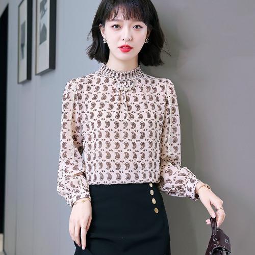 【MZ】2022春季新款长袖印花立领雪纺衫女套头宽松通勤百搭法式别致衬衫 商品图2