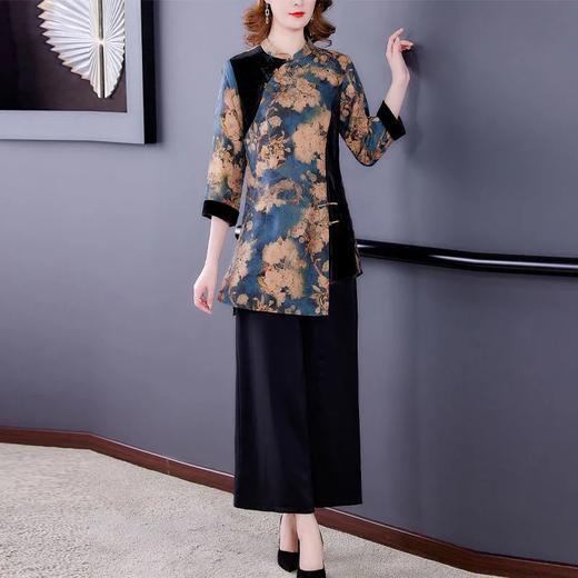 FE266 重磅香云纱套装妈妈两件套气质上衣真丝绒直筒裤秋 商品图3