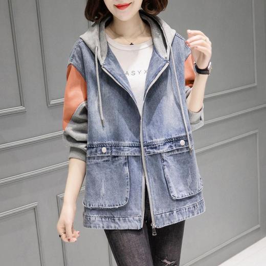 TZW-牛仔外套女宽松短款连帽卫衣拼接假两件洋气上衣潮 商品图1