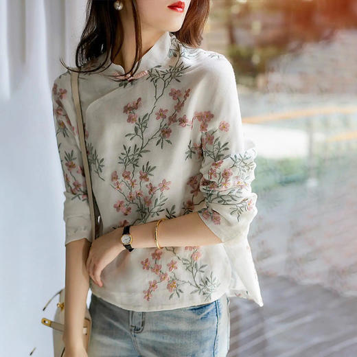中式改良旗袍上衣桃花衫复古盘扣长袖印花衬衫女 YX7052 商品图3