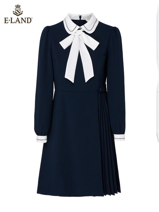 ELAND衣恋2022年春季新款简约优雅小香风藏青色蝴蝶结连衣裙女EEOWC11H1B 商品图4