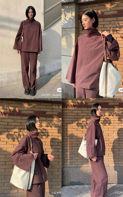 HIDEMI 砖红色立领简约设计感水洗棉套装 衬衫/阔腿裤 商品图1