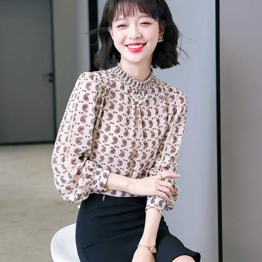 【MZ】2022春季新款长袖印花立领雪纺衫女套头宽松通勤百搭法式别致衬衫 商品图0