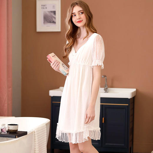 睡衣女夏季短袖甜美可爱公主风宫廷蕾丝性感带胸垫睡裙子夏天薄款 商品图2