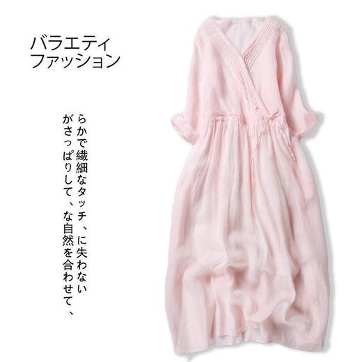 夏季仿苎麻宽松文艺V领七分袖大摆裙高腰显瘦系带纯色中长裙 商品图0