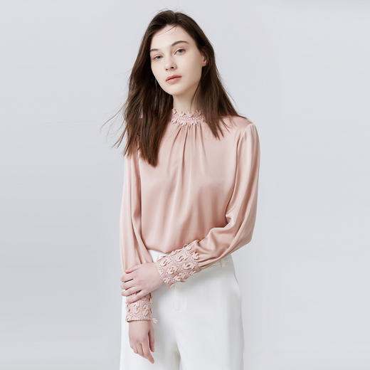 METTE22年春夏女桑蚕丝衬衫长袖立领长袖真丝上衣时尚花瓣边衬衣 商品图1