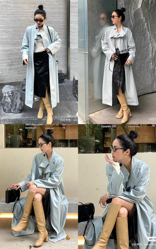 HIDEMI 婴儿蓝褶皱PU环保皮小立领廓形大风衣 商品图1