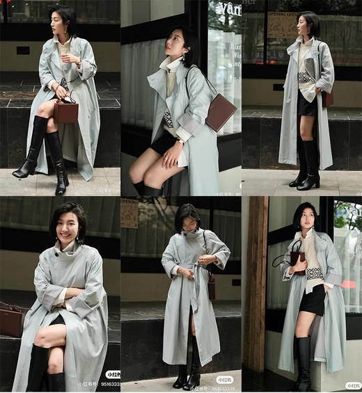 HIDEMI 婴儿蓝褶皱PU环保皮小立领廓形大风衣 商品图2