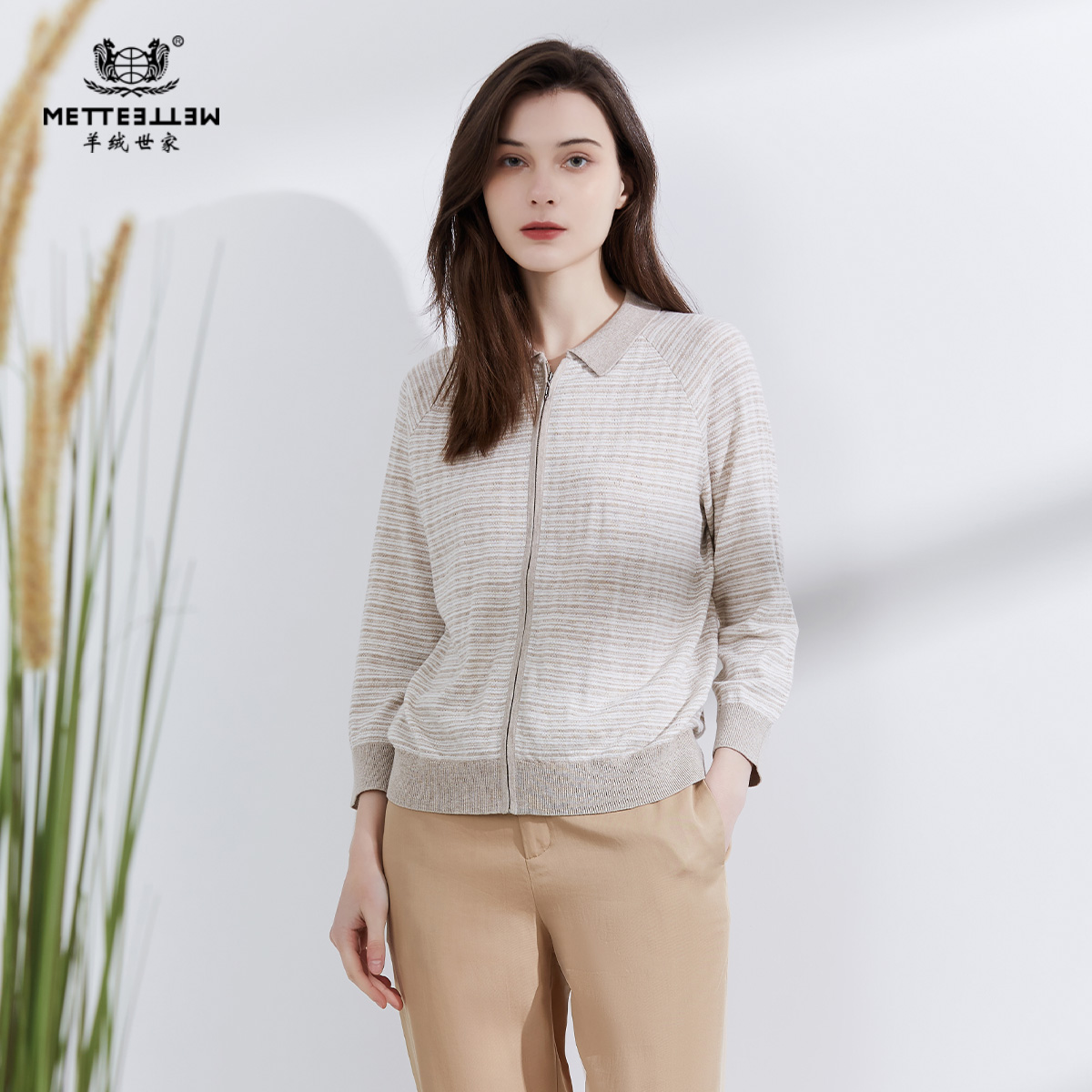 METTE22年春夏新品女士针织开衫时尚九分袖格子针织棉麻小外套