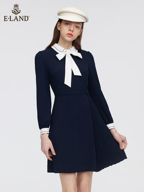 ELAND衣恋2022年春季新款简约优雅小香风藏青色蝴蝶结连衣裙女EEOWC11H1B