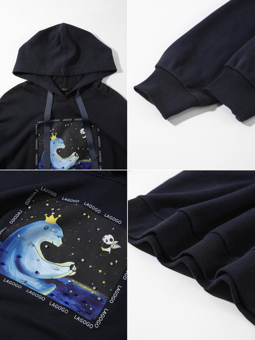 Lagogo拉谷谷2022春季新款连帽藏青色学院风短款卫衣女设计感印花LALL412C53 商品图2