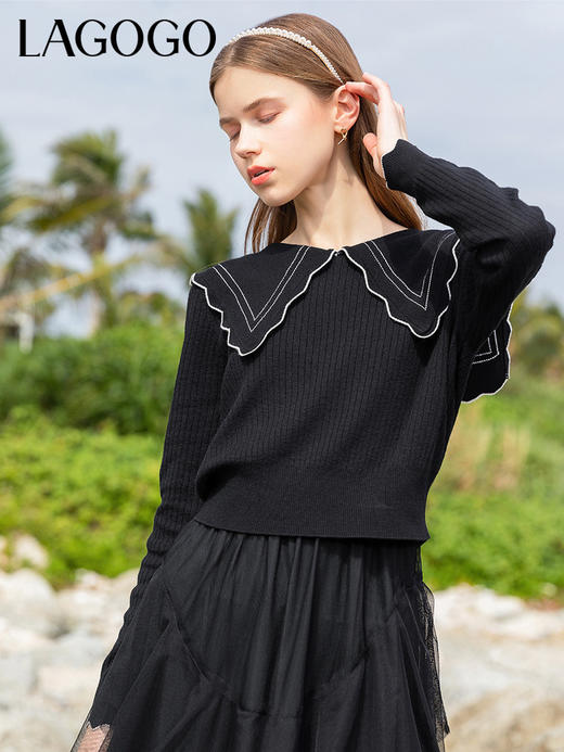 Lagogo拉谷谷2022春季新款海军领网纱连衣裙两件套女拼接松紧淑女LALL851C57 商品图1