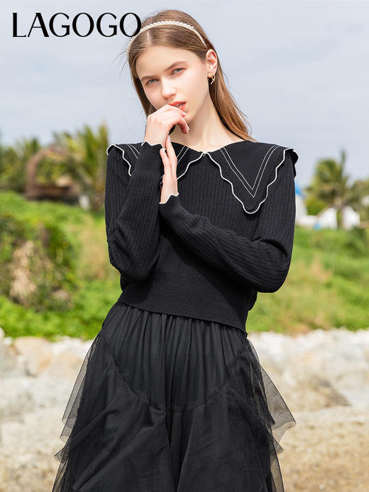 Lagogo拉谷谷2022春季新款海军领网纱连衣裙两件套女拼接松紧淑女LALL851C57 商品图0