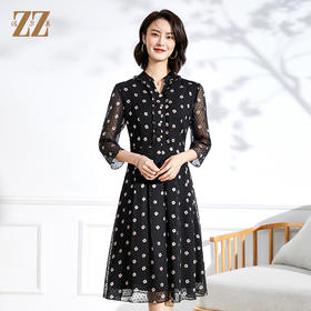 佐尔美春夏新款 V领网纱9分袖收腰小碎花中长连衣裙女E11LL29