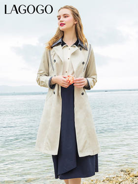 Lagogo拉谷谷2022春季新款翻领中长款双排扣灰驼色风衣女修身外套 LAFF232C43