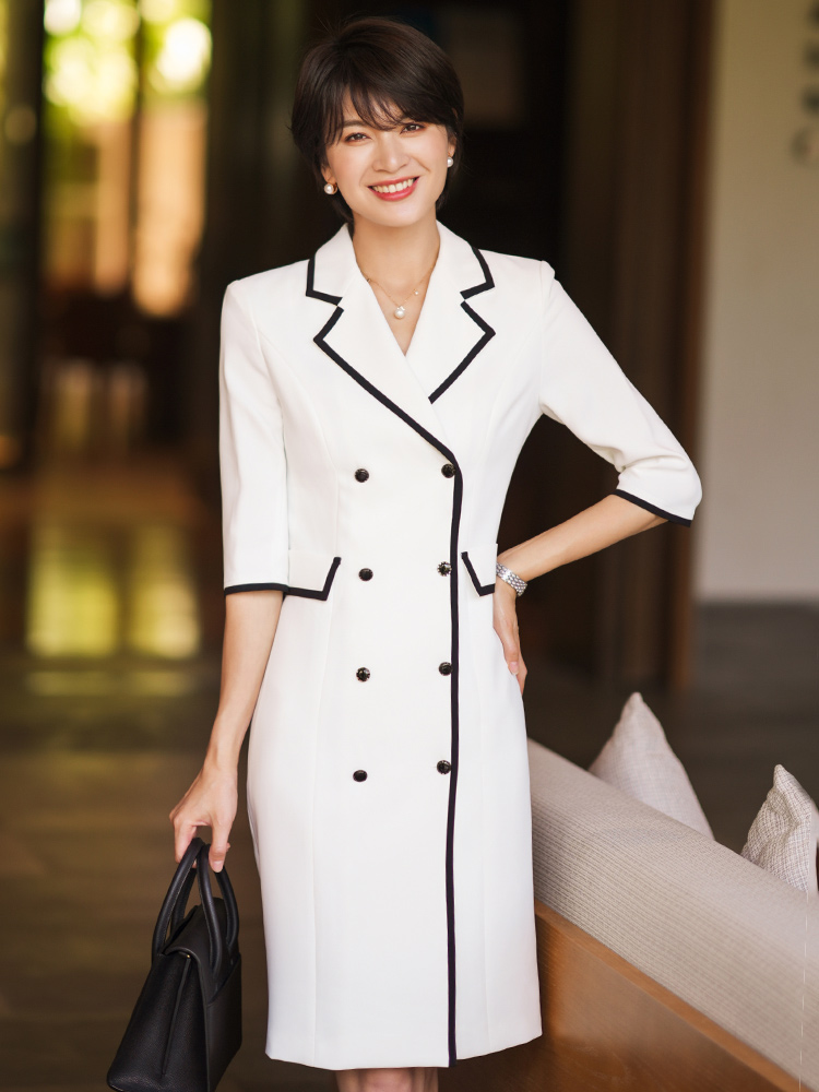 高端职业装连衣裙女2022春装新款七分袖西装领女装气质裙子