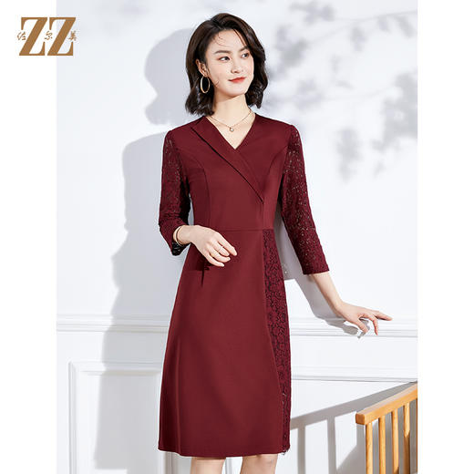 佐尔美春夏新款 V领蕾丝镂空9分袖收腰绣花中长女连衣裙E11LL21 商品图1