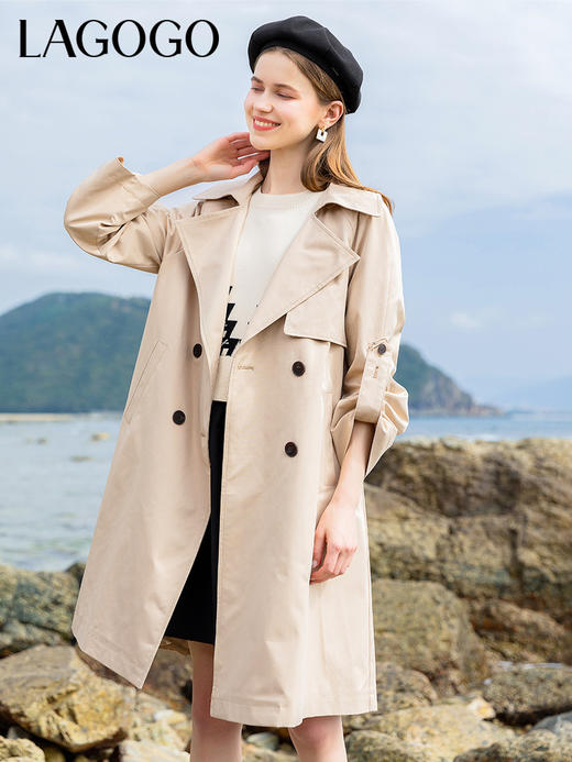Lagogo拉谷谷2022年春季新款西装领双排扣中长款修身风衣女插肩袖LAFF332A49 商品图0