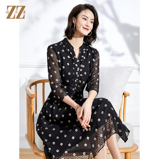 佐尔美春夏新款 V领网纱9分袖收腰小碎花中长连衣裙女E11LL29 商品图1