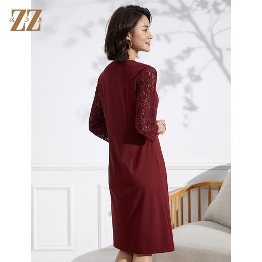 佐尔美春夏新款 V领蕾丝镂空9分袖收腰绣花中长女连衣裙E11LL21 商品图4