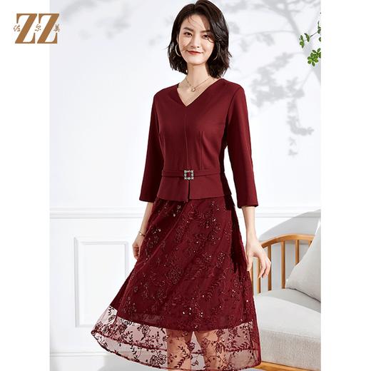 佐尔美2022春夏新款 蕾丝网纱7分袖收腰绣花连衣裙中长女E11LL28 商品图3