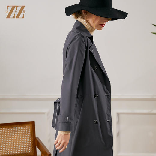 佐尔美2022春新款气质中长款经典束腰双排扣英伦长风衣E13FC09 商品图3