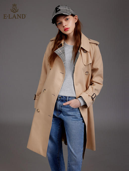 ELAND衣恋2022年春季新款时尚设计感双排扣中长款腰带风衣外套女EEJTC12H3M 商品图0