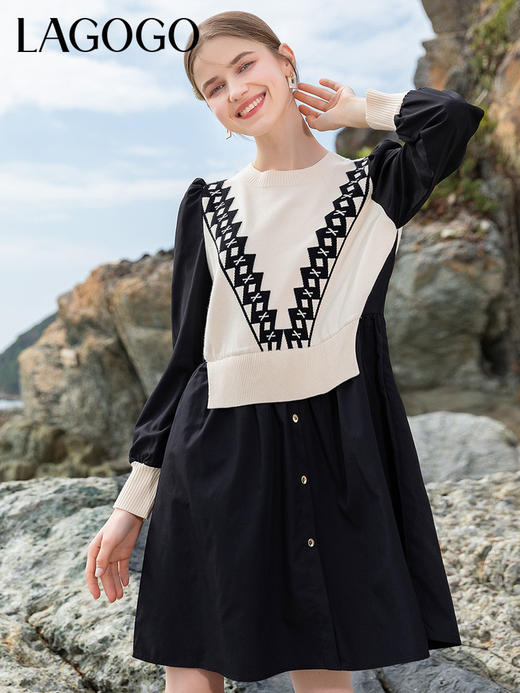 Lagogo拉谷谷2022年春季新款圆领泡泡袖拼接连衣裙女松紧腰假两件LALL452A63 商品图0