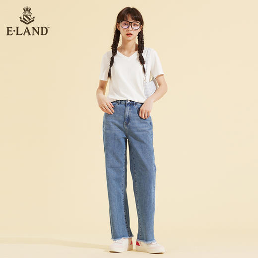 ELAND衣恋2022年春季新款小个子显瘦简约百搭磨边微喇裤牛仔裤女EETJC11H3D 商品图0