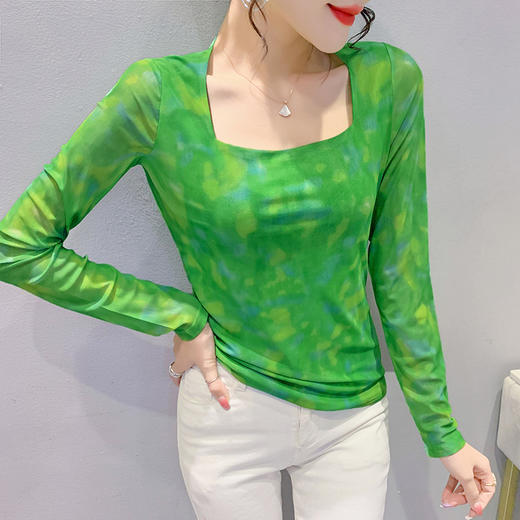 设计感方领修身打底衫，洋气晕染网纱T恤KQL-9120 商品图1