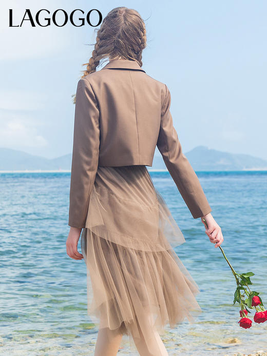 Lagogo拉谷谷2022春季新款气质西装领外套拼接网纱连衣裙两件套女LALL831C65 商品图2