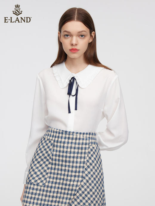 ELAND衣恋2022年春季新款洋气小众设计感系带领结通勤白色衬衫女EEBWC12H3C 商品图0