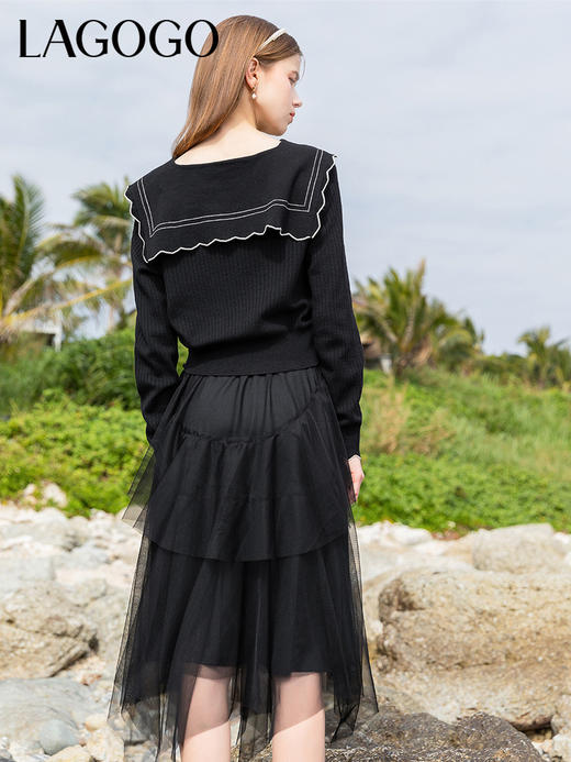 Lagogo拉谷谷2022春季新款海军领网纱连衣裙两件套女拼接松紧淑女LALL851C57 商品图3