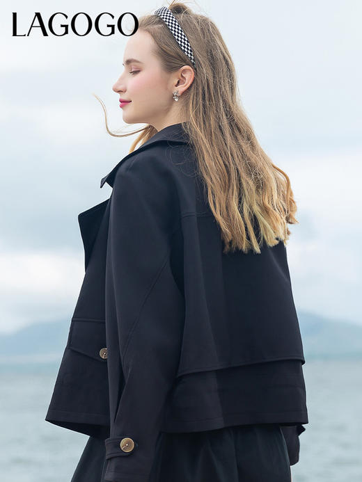 Lagogo拉谷谷2022春季新款黑色西装领气质通勤双排扣外套女高级感LAWW532A42 商品图4
