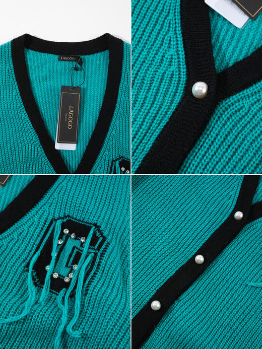 Lagogo拉谷谷2022春季新款撞色V领复古气质通勤翻领开衫针织衫女LAMM832C33 商品图2