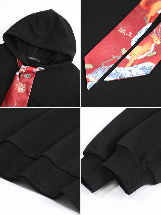 Lagogo拉谷谷2022春季新款连帽黑色长袖卫衣女复古LAEE411C03 商品图3