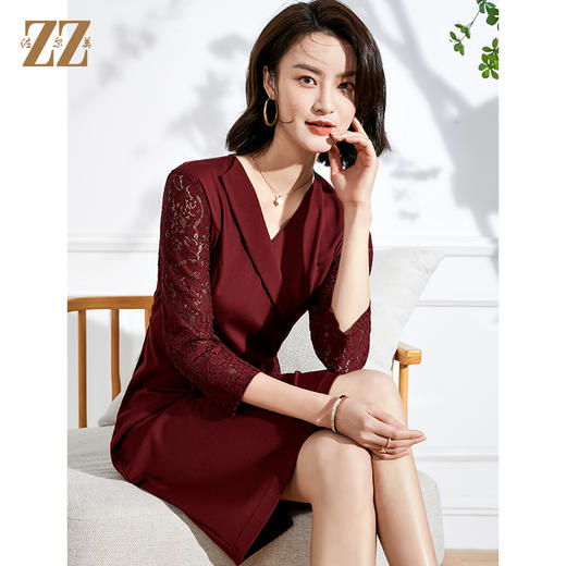 佐尔美春夏新款 V领蕾丝镂空9分袖收腰绣花中长女连衣裙E11LL21 商品图3