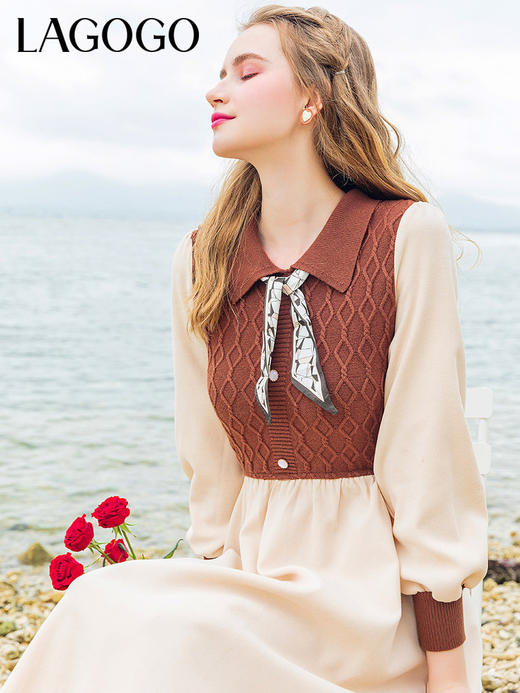 Lagogo拉谷谷2022年春季新款高腰撞色拼接复古气质连衣裙女学院风LALL751C62 商品图1