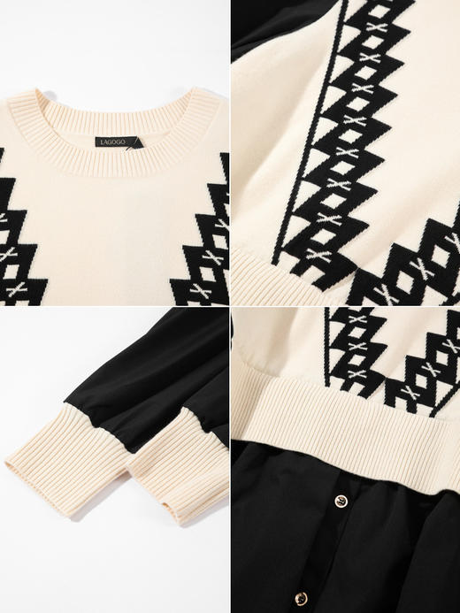 Lagogo拉谷谷2022年春季新款圆领泡泡袖拼接连衣裙女松紧腰假两件LALL452A63 商品图2