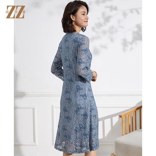 佐尔美2022春夏新款 蕾丝网纱7分袖收腰绣花中长连衣裙女E13LL37 商品图4