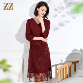 佐尔美2022春夏新款 蕾丝网纱7分袖收腰绣花连衣裙中长女E11LL28