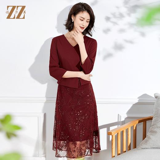 佐尔美2022春夏新款 蕾丝网纱7分袖收腰绣花连衣裙中长女E11LL28 商品图0