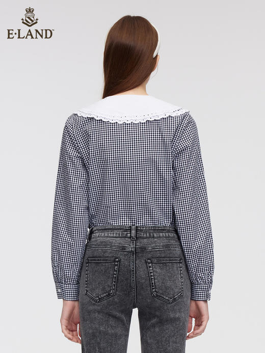 ELAND衣恋2022年春季新款小众设计感甜美花边领灰色格纹衬衫女EEBWC12H1B 商品图2